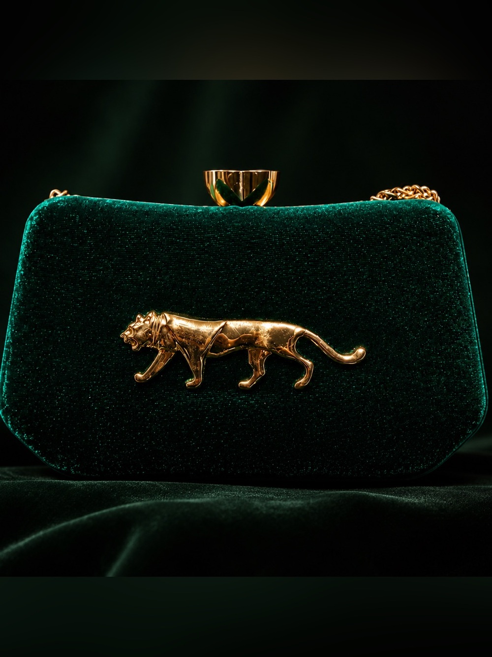 Sabyasachi Inspired Emerald Green Velvet Clutch with Gold Tiger Motif
